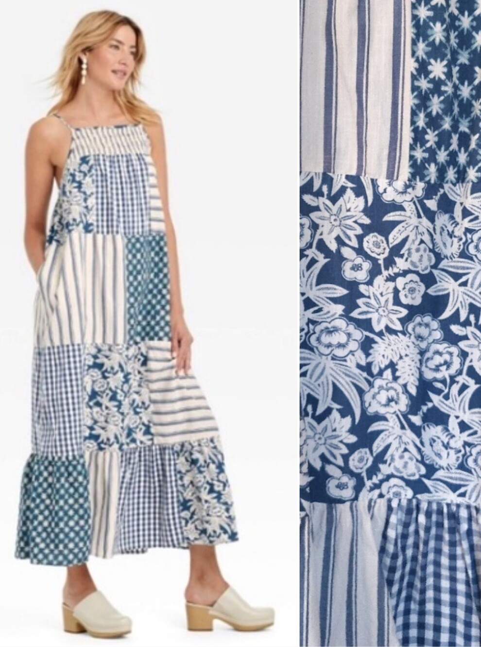 Universal Thread Blue White Patchwork Tiered Cotton Maxi Sundress Medium Boho